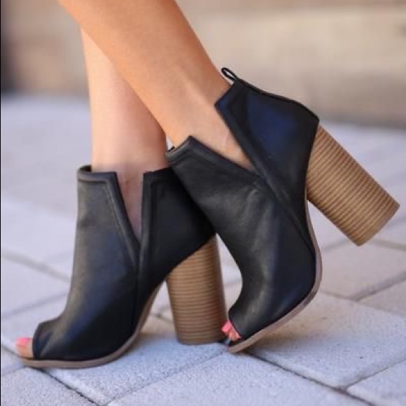 Cutout Side Peeptoe Ankle Booties Wood Stack Heel - Picture 2 of 6